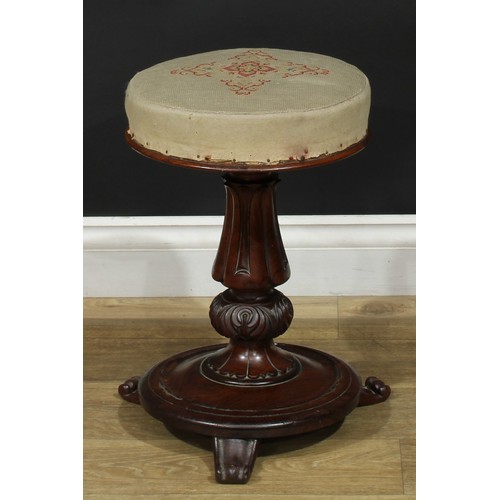 1412 - A pair of William IV rosewood height-adjustable piano stools, each with stuffed-over seat, lotus col... 