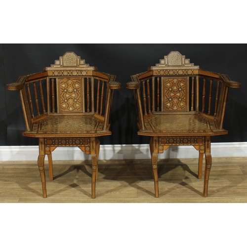 1381 - A pair of early 20th century Arabian local specimen timber and bone parquetry Damascus chairs, proba... 