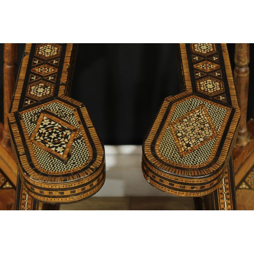 1381 - A pair of early 20th century Arabian local specimen timber and bone parquetry Damascus chairs, proba... 