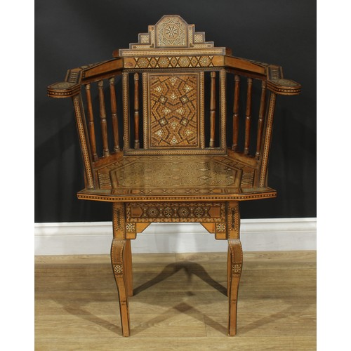 1381 - A pair of early 20th century Arabian local specimen timber and bone parquetry Damascus chairs, proba... 