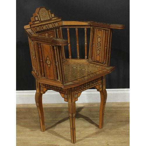 1381 - A pair of early 20th century Arabian local specimen timber and bone parquetry Damascus chairs, proba... 