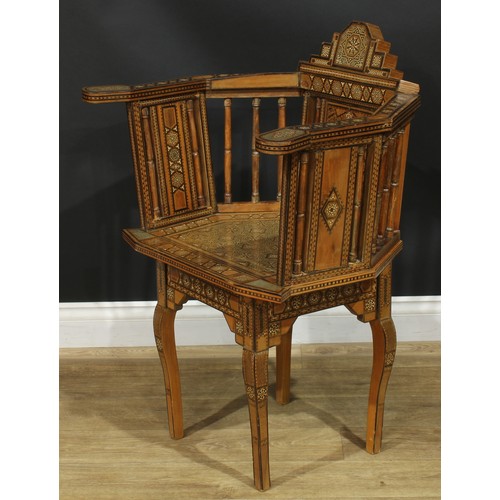 1381 - A pair of early 20th century Arabian local specimen timber and bone parquetry Damascus chairs, proba... 