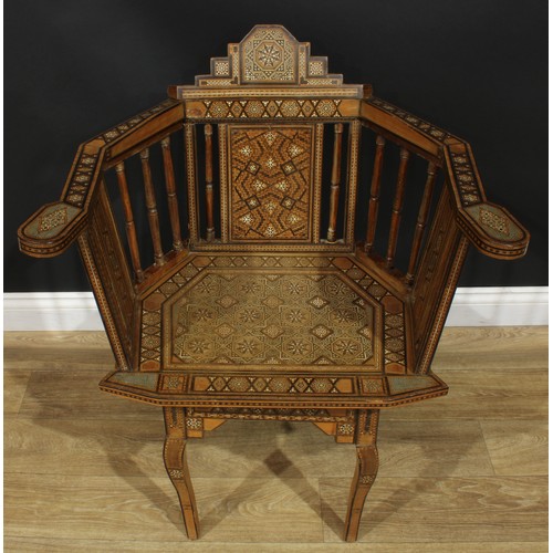 1381 - A pair of early 20th century Arabian local specimen timber and bone parquetry Damascus chairs, proba... 