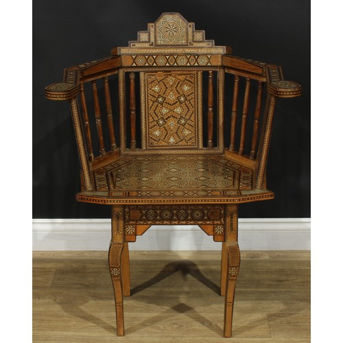 1381 - A pair of early 20th century Arabian local specimen timber and bone parquetry Damascus chairs, proba... 