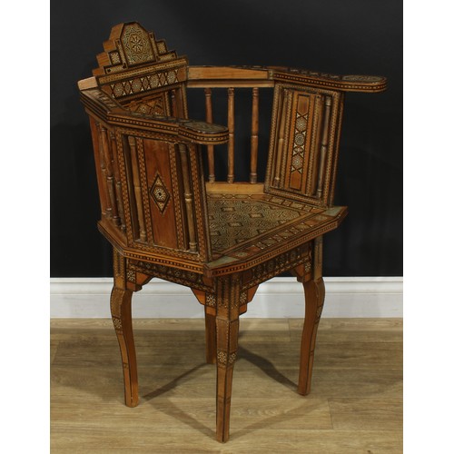 1381 - A pair of early 20th century Arabian local specimen timber and bone parquetry Damascus chairs, proba... 