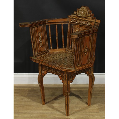 1381 - A pair of early 20th century Arabian local specimen timber and bone parquetry Damascus chairs, proba... 