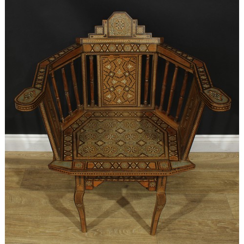 1381 - A pair of early 20th century Arabian local specimen timber and bone parquetry Damascus chairs, proba... 