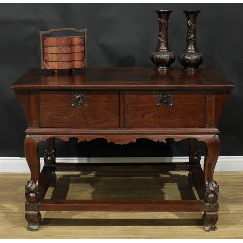 1023 - A Chinese hardwood altar table, rectangular top above a pair of frieze drawers, shaped apron, cabrio... 