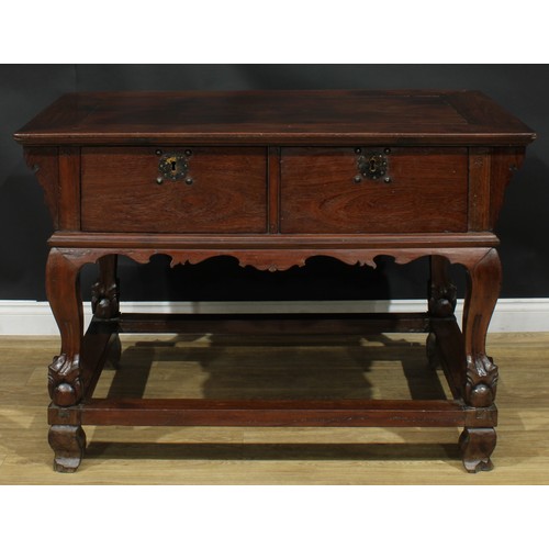 1023 - A Chinese hardwood altar table, rectangular top above a pair of frieze drawers, shaped apron, cabrio... 