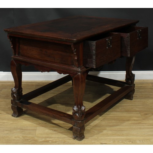 1023 - A Chinese hardwood altar table, rectangular top above a pair of frieze drawers, shaped apron, cabrio... 