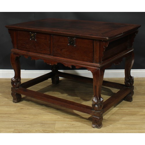 1023 - A Chinese hardwood altar table, rectangular top above a pair of frieze drawers, shaped apron, cabrio... 