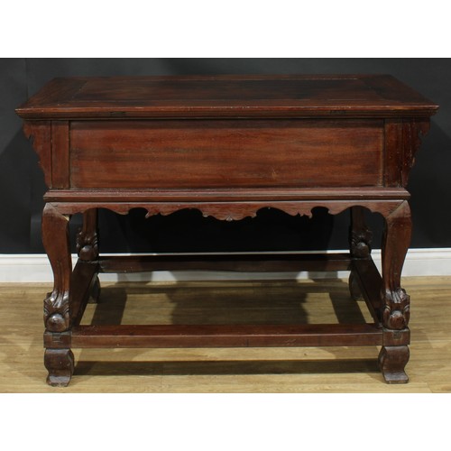 1023 - A Chinese hardwood altar table, rectangular top above a pair of frieze drawers, shaped apron, cabrio... 