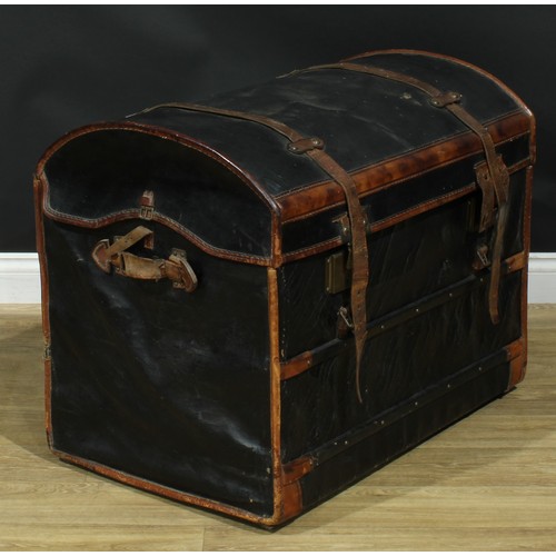 1319 - A late 19th century canvas and leather mounted wicker dome top travelling steamer trunk, 68.5cm high... 