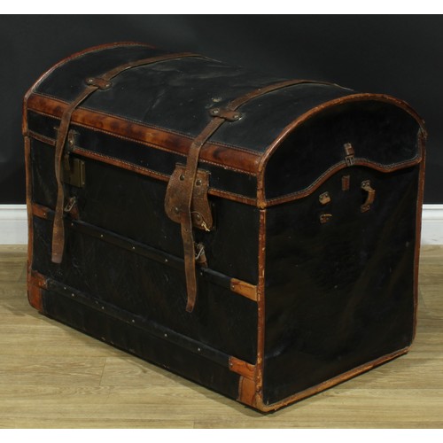 1319 - A late 19th century canvas and leather mounted wicker dome top travelling steamer trunk, 68.5cm high... 