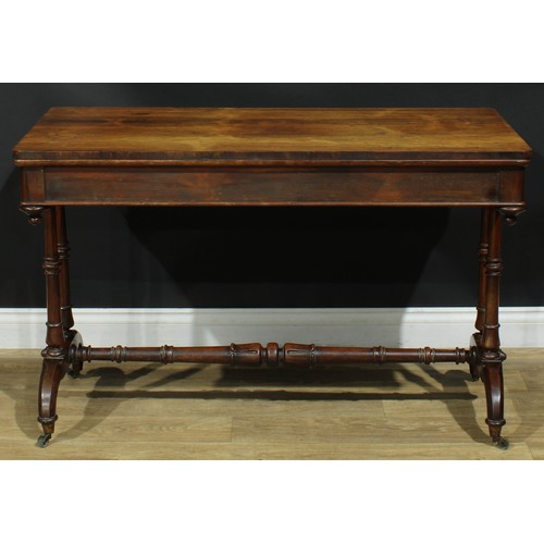 1275 - A George/William IV rosewood library table, rounded rectangular top above a long frieze drawer, turn... 