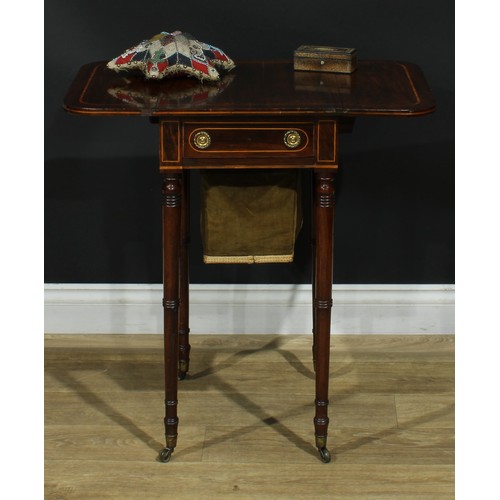 1442 - A Regency satinwood crossbanded rosewood work table, rounded rectangular top with fall leaves above ... 