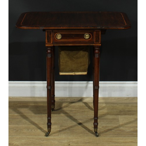 1442 - A Regency satinwood crossbanded rosewood work table, rounded rectangular top with fall leaves above ... 