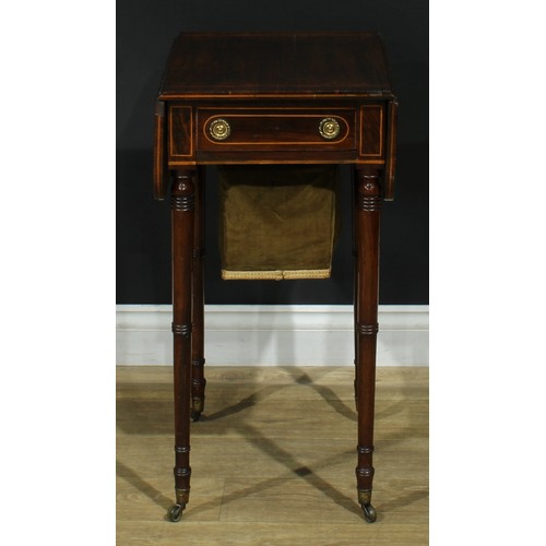 1442 - A Regency satinwood crossbanded rosewood work table, rounded rectangular top with fall leaves above ... 