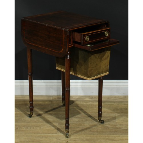 1442 - A Regency satinwood crossbanded rosewood work table, rounded rectangular top with fall leaves above ... 