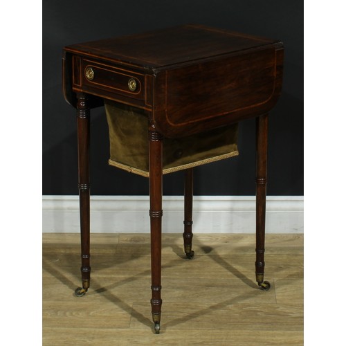 1442 - A Regency satinwood crossbanded rosewood work table, rounded rectangular top with fall leaves above ... 