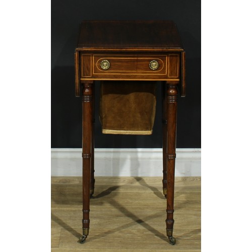 1442 - A Regency satinwood crossbanded rosewood work table, rounded rectangular top with fall leaves above ... 