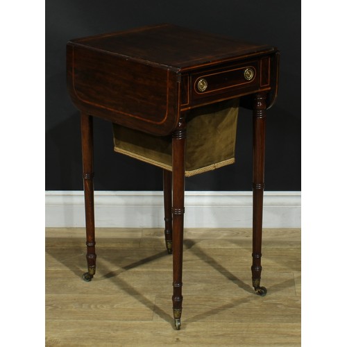 1442 - A Regency satinwood crossbanded rosewood work table, rounded rectangular top with fall leaves above ... 