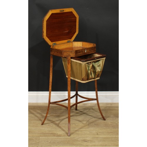 891 - A 19th century burr yew and parquetry work table, hinged top with dogtooth border above a basket und... 