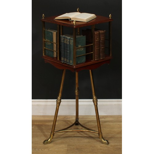 1332 - A late Victorian Hall patent brass and mahogany revolving bookcase, 83cm high, 33cm square, c.1900