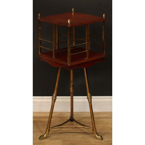 1332 - A late Victorian Hall patent brass and mahogany revolving bookcase, 83cm high, 33cm square, c.1900