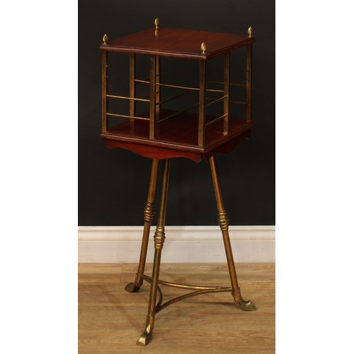 1332 - A late Victorian Hall patent brass and mahogany revolving bookcase, 83cm high, 33cm square, c.1900