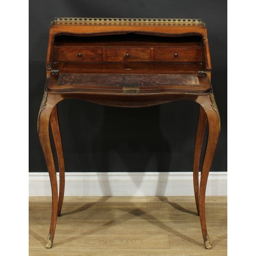 1349 - A Louis XV Revival gilt metal mounted rosewood and marquetry bureau de dame, fall front inlaid with ... 