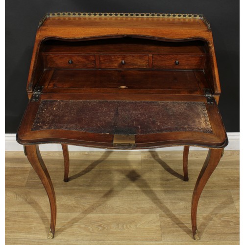 1349 - A Louis XV Revival gilt metal mounted rosewood and marquetry bureau de dame, fall front inlaid with ... 