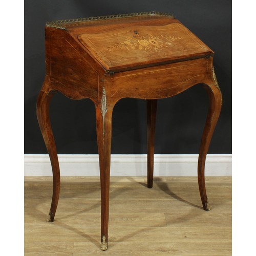 1349 - A Louis XV Revival gilt metal mounted rosewood and marquetry bureau de dame, fall front inlaid with ... 