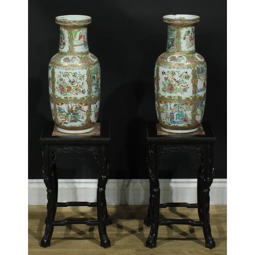 1379 - A pair of Chinese hardwood jardiniere stands, each with a square top with beaded border and inset ma... 