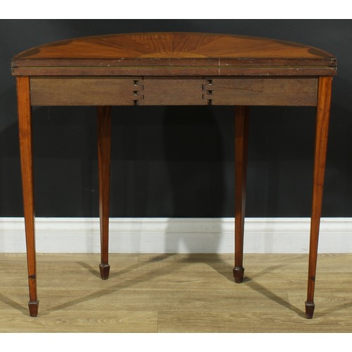 998 - A 19th century satinwood demilune card table, hinged crossbanded top inlaid with radiating veneers a... 