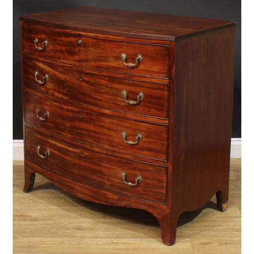 1422 - A Regency mahogany bowfront chest, slightly oversailing top with reeded edge above four long graduat... 