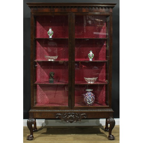 1282 - A large Chippendale Revival mahogany display cabinet, Greek key cornice above a flame veneered friez... 