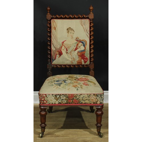 1366 - A near pair of early Victorian rosewood drawing room chairs, each with a needlework back with spiral... 