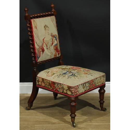 1366 - A near pair of early Victorian rosewood drawing room chairs, each with a needlework back with spiral... 