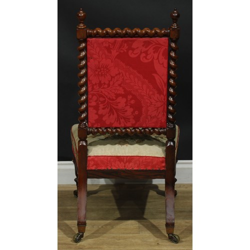 1366 - A near pair of early Victorian rosewood drawing room chairs, each with a needlework back with spiral... 