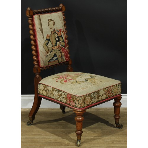 1366 - A near pair of early Victorian rosewood drawing room chairs, each with a needlework back with spiral... 