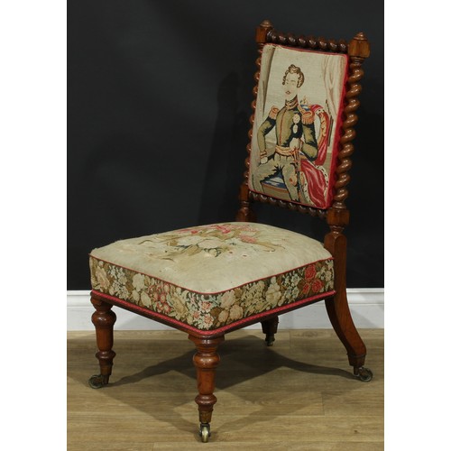 1366 - A near pair of early Victorian rosewood drawing room chairs, each with a needlework back with spiral... 