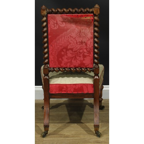 1366 - A near pair of early Victorian rosewood drawing room chairs, each with a needlework back with spiral... 