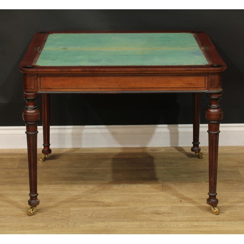 950 - A 19th century parcel-ebonised mahogany card table, hinged top enclosing a baize lined playing surfa... 