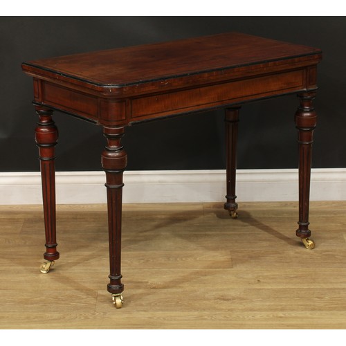 950 - A 19th century parcel-ebonised mahogany card table, hinged top enclosing a baize lined playing surfa... 