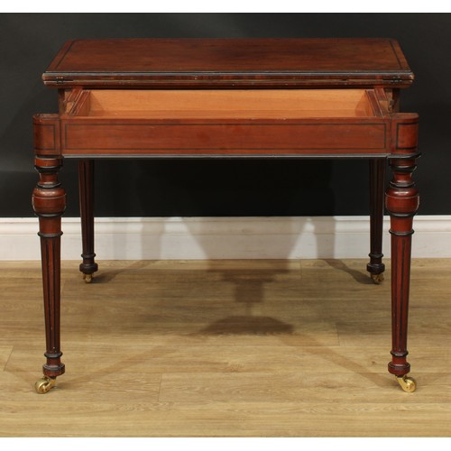 950 - A 19th century parcel-ebonised mahogany card table, hinged top enclosing a baize lined playing surfa... 