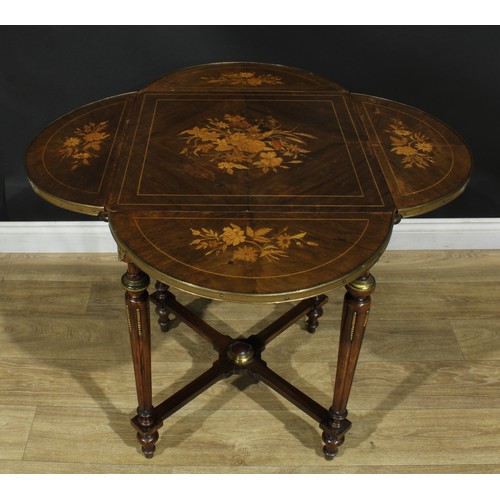 1057 - A French fin de siècle rosewood, simulated rosewood and marquetry centre table, quatrefoil top with ... 