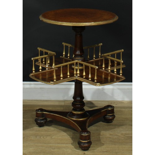 952 - A 19th century parcel-gilt walnut revolving-centre occasional library table, circular top above a re... 