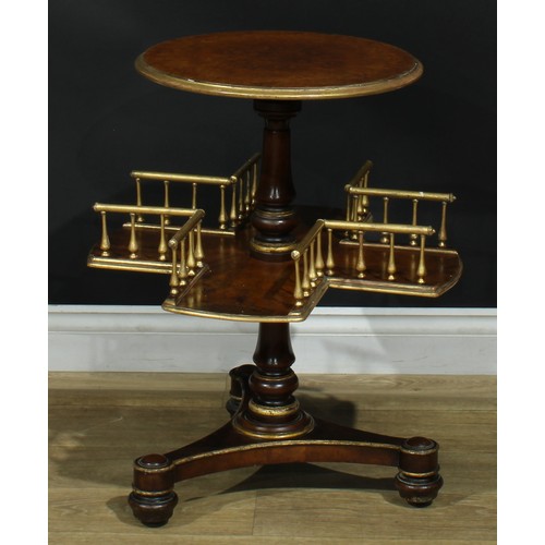 952 - A 19th century parcel-gilt walnut revolving-centre occasional library table, circular top above a re... 