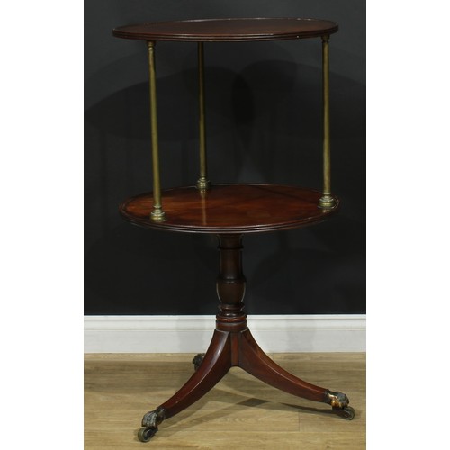 1435 - A Regency mahogany two-tier dumbwaiter, circular plateaux with reeded edge, brass columnar supports,... 